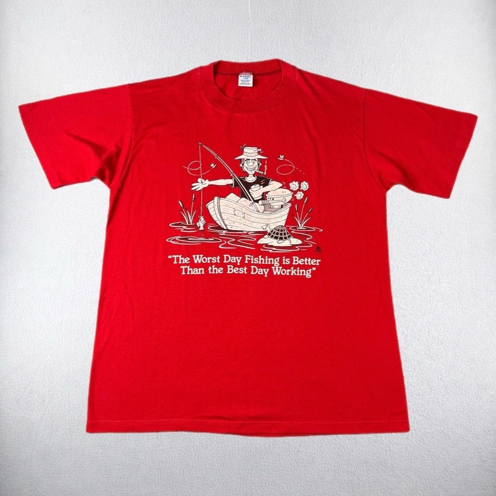 VTG Fishing Graphic Jerzees T Shirt Mens Large Red 1985 Paper Thin Single Stitch